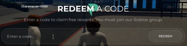 Official tutorial: REDEEM A CODE panel, Roblox group requirement, entry field and REDEEM button